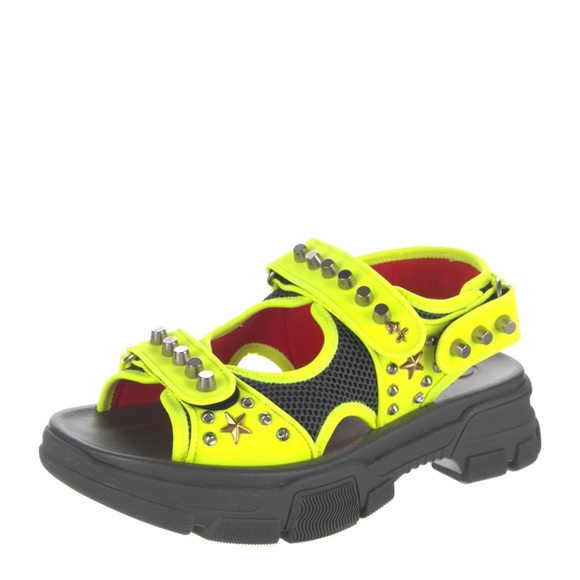 Gucci Aguru Studded Neon Sandals Designer Size 7/ US Women’s Size 10 - Picture 2 of 13